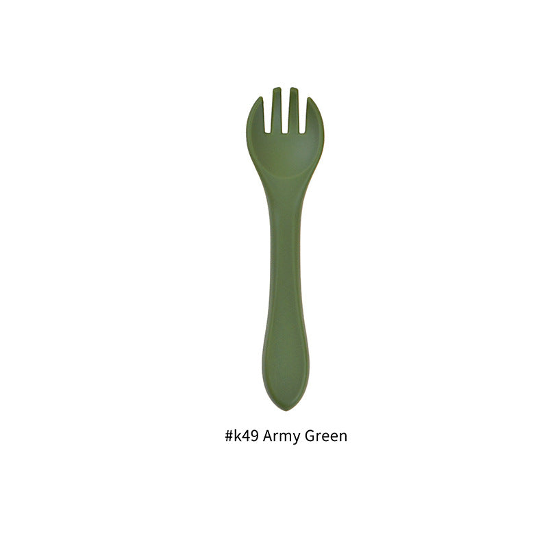 Cozy Cub baby silicone feeding fork in army green, food-grade infant utensil designed for safe and easy feeding.