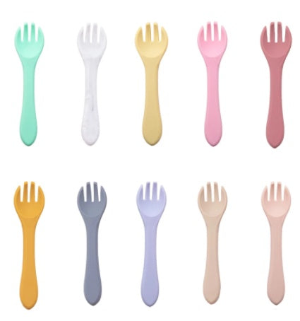 Cozy Cub baby silicone feeding fork in army green, food-grade infant utensil designed for safe and easy feeding for babies.