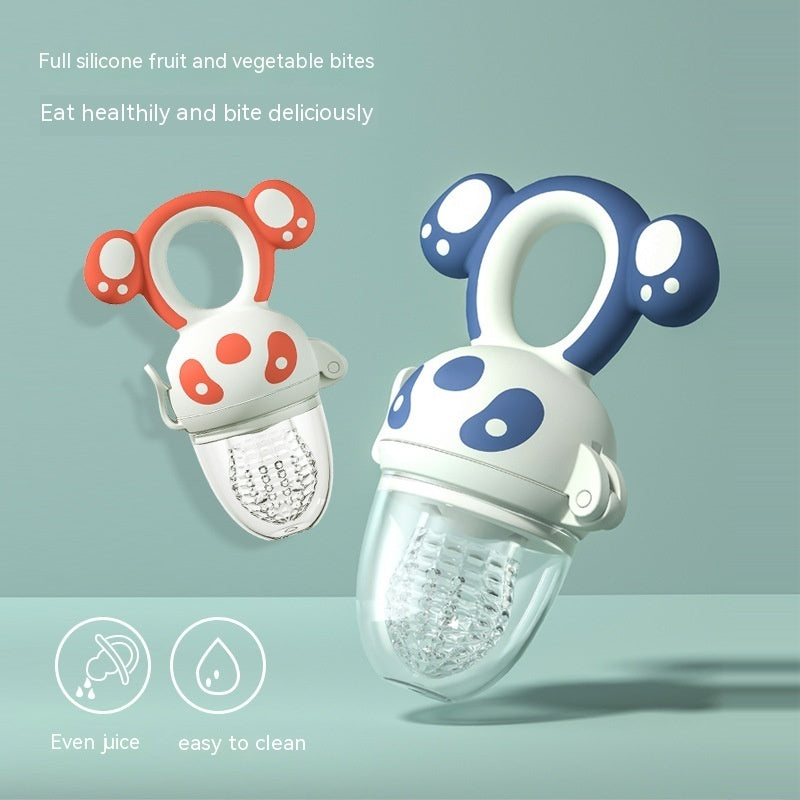 Cozy Cub Baby Fruit Feeder Teether with silicone mesh, molar rod, and pacifier in quiet blue, designed for safe fruit feeding and teething relief.