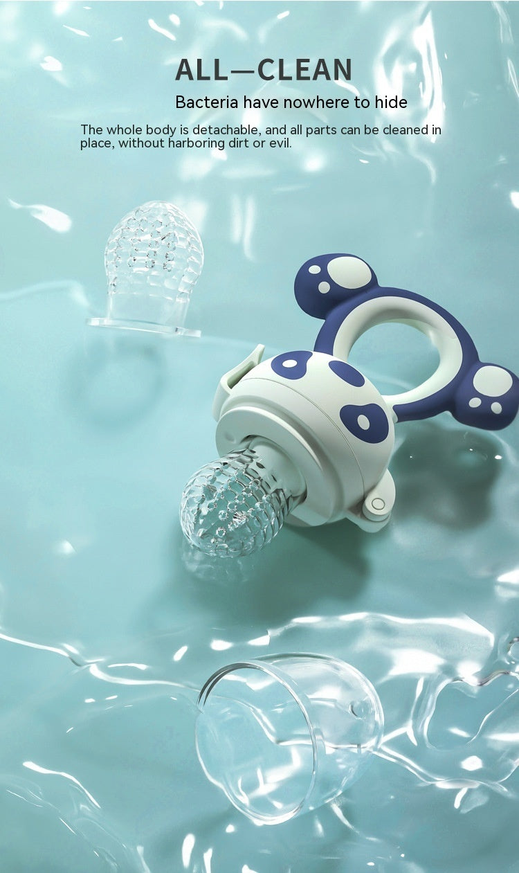 Cozy Cub Baby Fruit Feeder Teether with silicone mesh, molar rod, and pacifier design in quiet blue for feeding and teething relief.