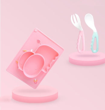Pink Cozy Cub cartoon suction silicone bowl for infants, designed for feeding and learning, with colorful animal illustrations.