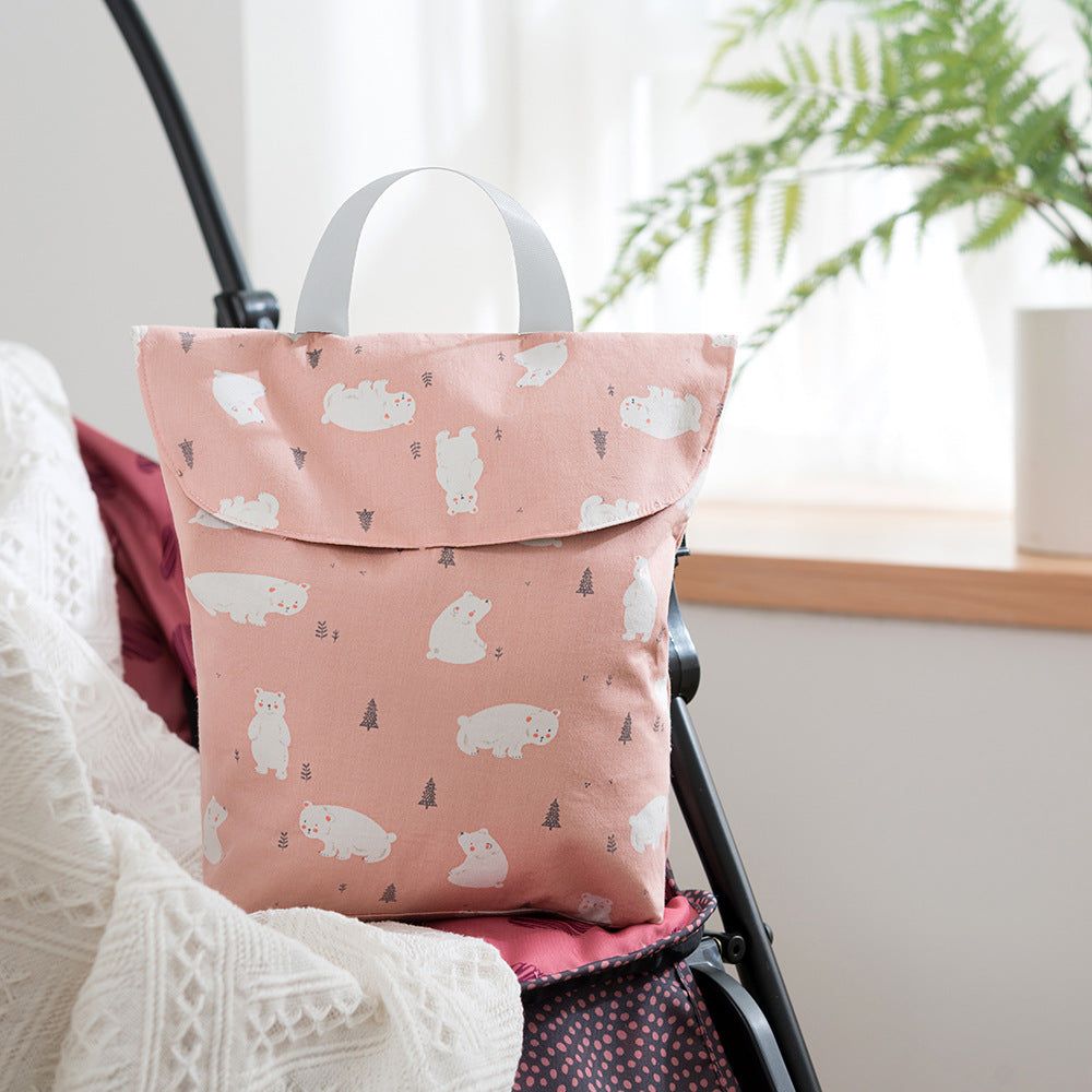 Cozy Cub nursery grey diaper storage bag with cute fox design, portable organizer for on-the-go parents and baby essentials.