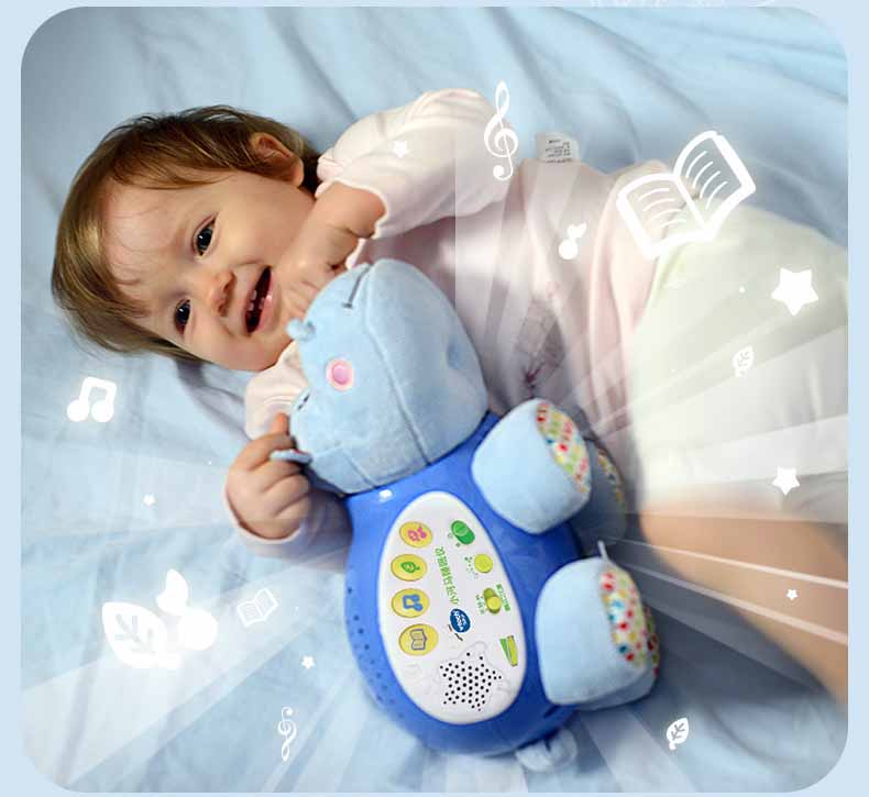 Cozy Cub Baby Hippo sleep soother in blue, plush infant sleep toy with sound features for calming and soothing babies.