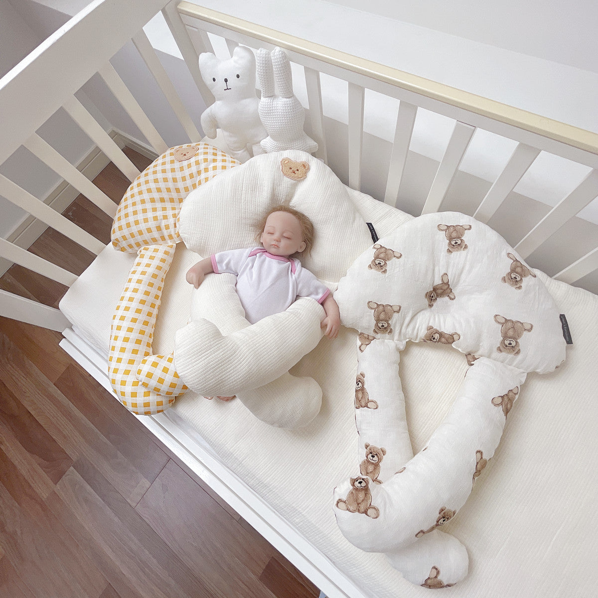 Cozy Cub Baby Soothing Pillow Set made of soft cotton, designed for infant sleep comfort with a gentle bear-themed sleep pillow