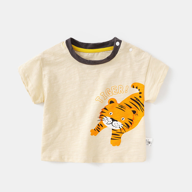 Eprolo baby short-sleeve top with all-over tiger print, soft cotton fabric, suitable for everyday wear for infants.