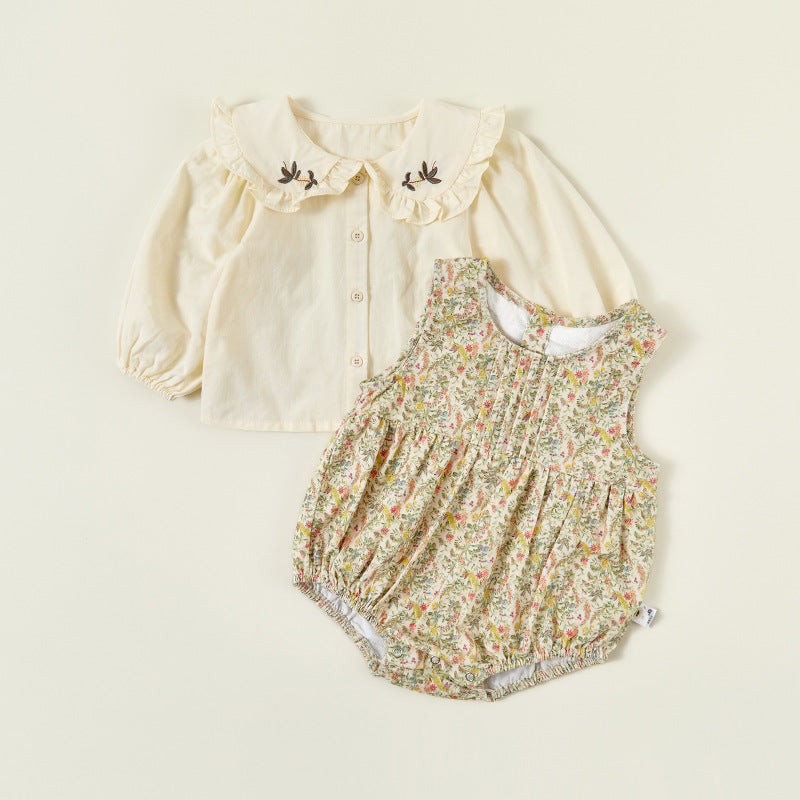 Soft apricot baby girl princess romper onesie by eprolo, cozy infant bodysuit with cute princess design and comfortable fit.