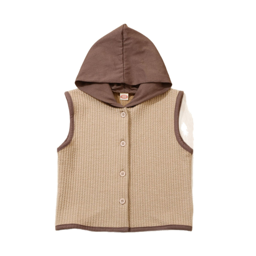 Apricot Cozy Cub baby hooded sleeveless jacket by eprolo, trendy infant cardigan vest with soft fabric and cute hood design.