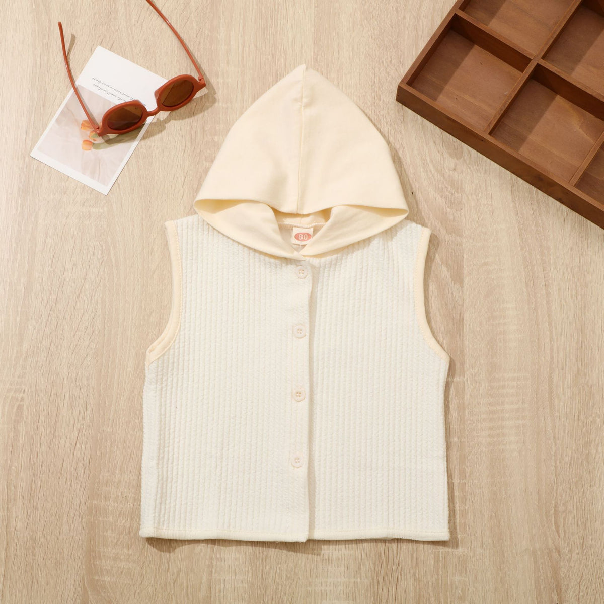 Apricot Cozy Cub baby hooded sleeveless jacket by eprolo, trendy infant cardigan vest, suitable for 80cm size.