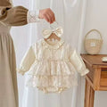 Beige Cozy Cub baby girl princess romper dress with bubble skirt, perfect for infants, by eprolo, in a sweet and comfortable design.