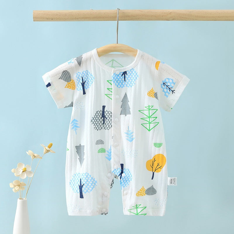Blue bear-themed eprolo Snuggle-Ready short-sleeve romper for babies, featuring soft fabric and playful bear design.