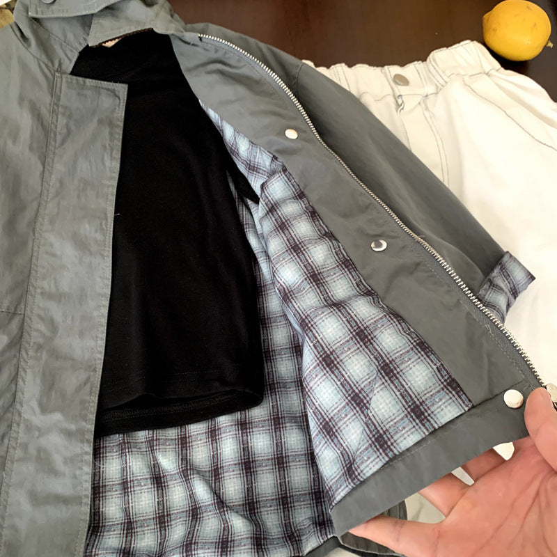 Gray Cozy Cub baby boy windbreaker by eprolo, lightweight spring and autumn outerwear for 90cm height.