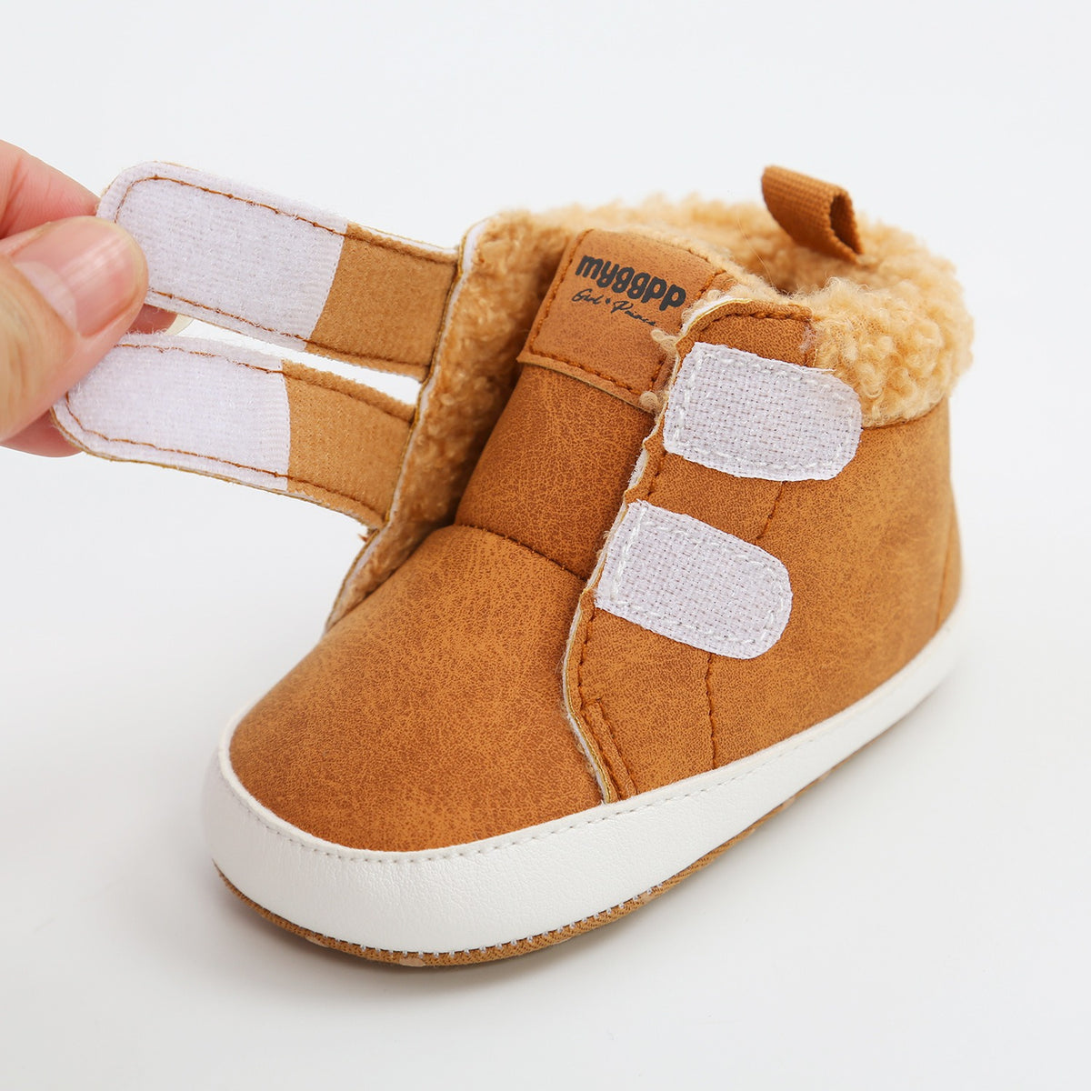 Light brown high top baby shoes by eprolo, warm autumn and winter toddler walking shoes with 11cm sole, suitable for cold weather.