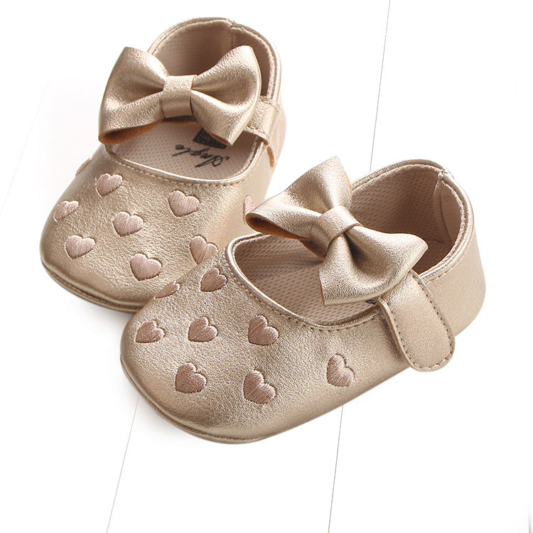 Multicolor embroidered peach heart bow baby shoes by eprolo, toddler shoes with silver accents and charming design.