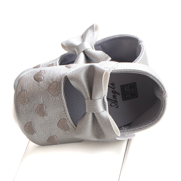Multicolor embroidered peach heart bow baby shoes by eprolo, toddler footwear with cute bow detail and silver accents.