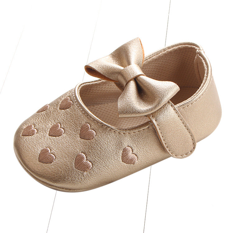 Eprolo multicolor embroidered peach heart bow baby shoes for toddlers, featuring silver accents and soft fabric for little feet.