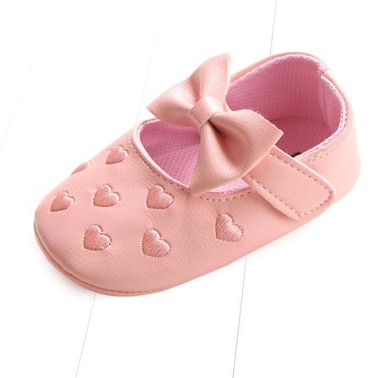 Multicolor embroidered peach heart bow baby shoes by eprolo, toddler shoes with silver accents and cute design.