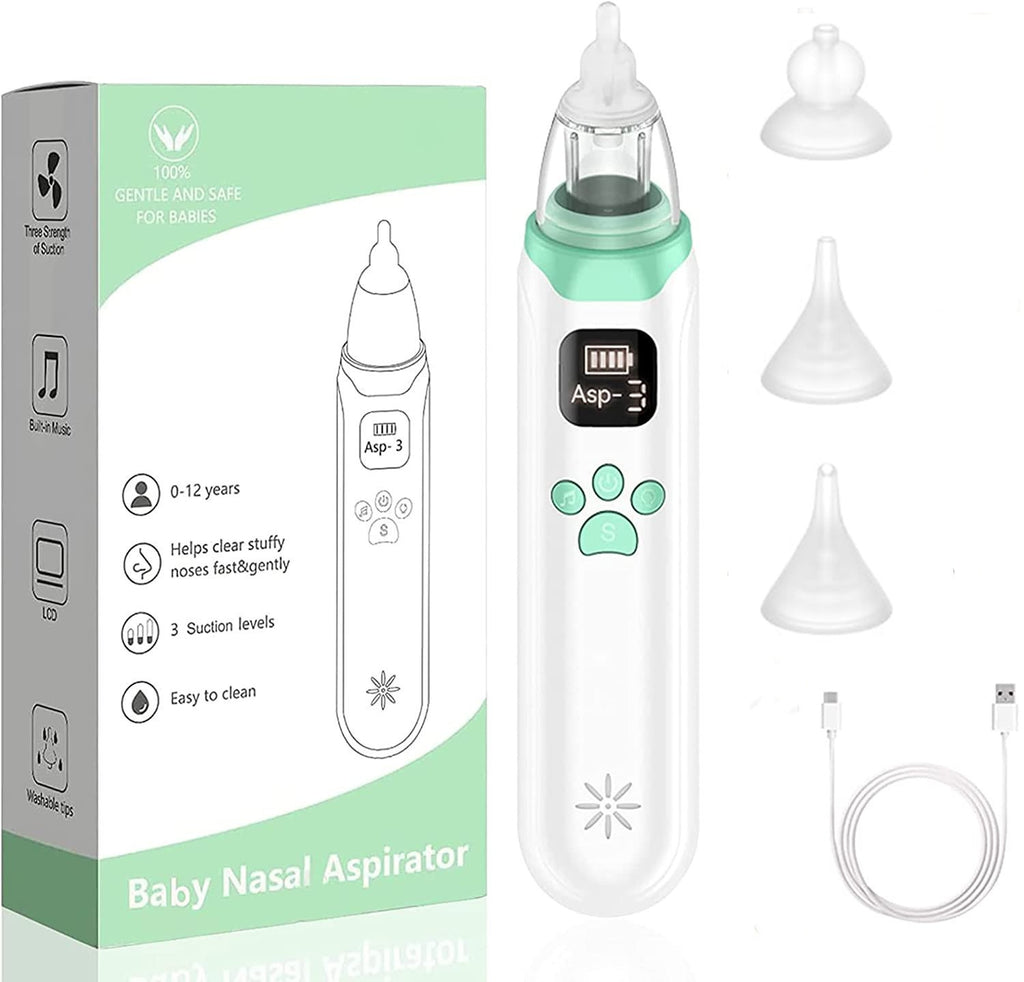 Eprolo Cozy Cub electric baby nasal aspirator gently cleans infant's nose with soft tips and ergonomic design.
